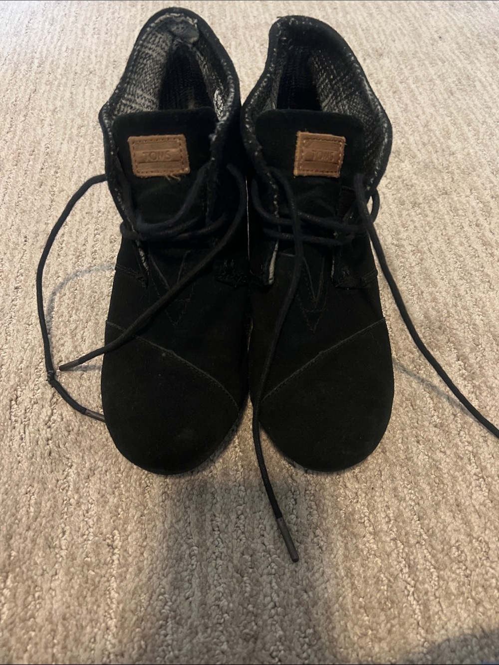 Toms Black Suede Lace-Up Ankle Boots with Brown Logo Patch